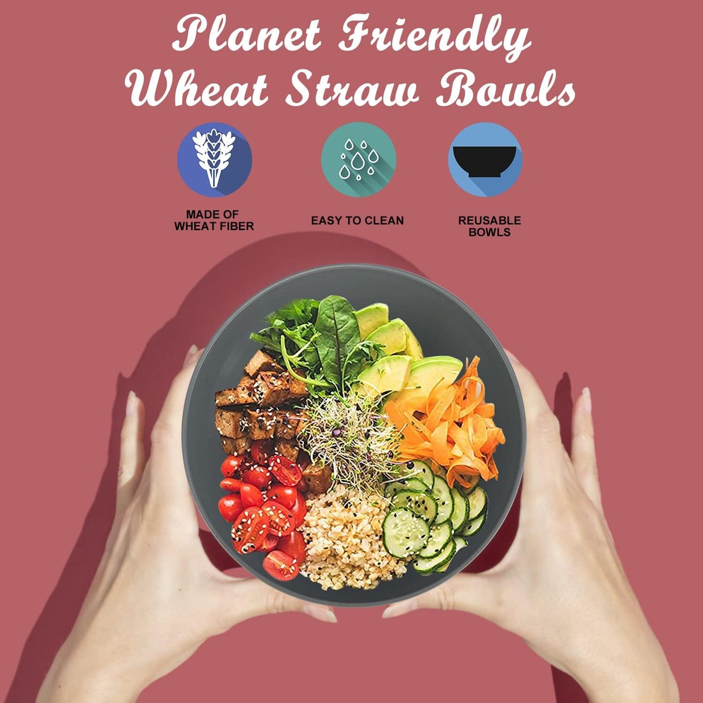 Wrova Wheat Straw Bowl Sets,6PCS Unbreakable Cereal Bowl 36 OZ,Microwave and Dishwasher Safe Bowls,Salad Bowls for Dorm,Apartment,Camping,Picnic (Deep Grey)