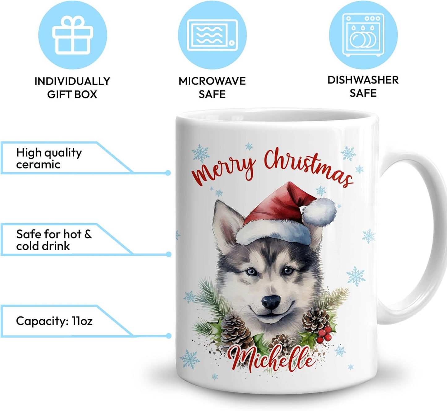 Hyturtle Personalized Gifts Dog Lover - Husky Merry Christmas Custom Name Ceramic Coffee Mug Cup 11oz - Cute Animal Lovers Gifts For Women, Girl kids Family On Birthday, Christmas