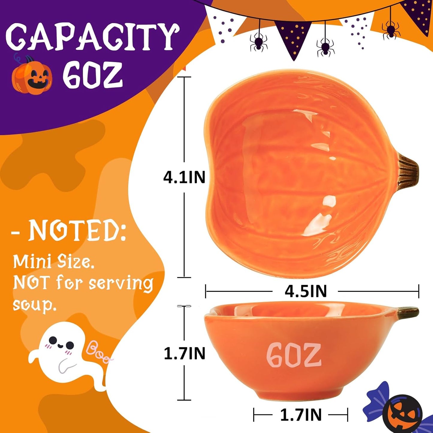 Pumpkin Ramekins Small Ceramic Pumpkins Bowls for Baking 6 Oz Oven Safe Mini Pumpkin Dish for Serving Dip and Sauce, 4pcs