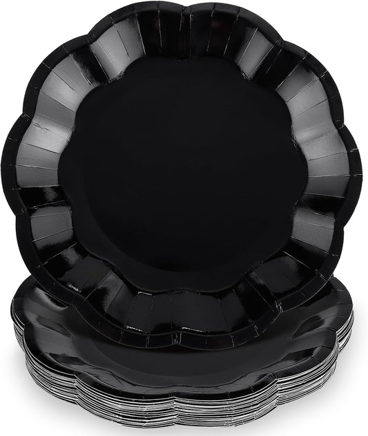 30pcs Black Halloween Paper Plates, 9 in Scalloped Halloween Party Plates Black Dinner Plate Disposable Paper Plate for Wedding, Birthday, Baby Shower, Holiday Party