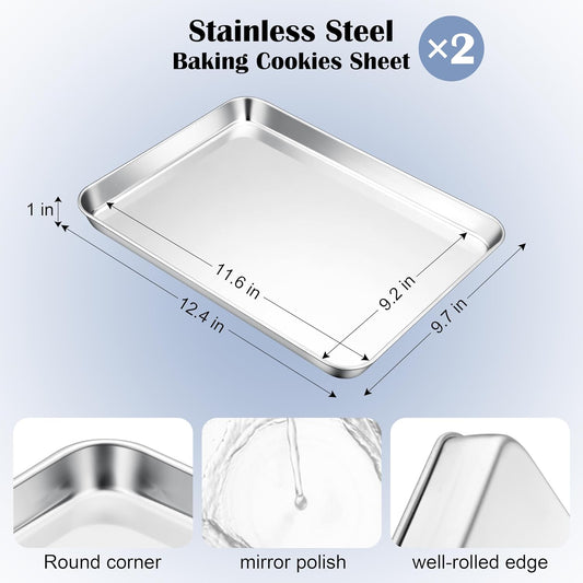 E-far Stainless Steel Baking Sheets, 12.4” x9.7” x 1” Baking Cookie Sheets Pans for Oven, Non-toxic Metal Trays for Cake Cookies, Healthy & Rust Free, Mirror Finish & Dishwasher Safe, 2 Pack
