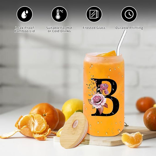 Monogrammed Glass Drinking Cup With Lid Straw Women Girl Friend Birthday Gift 16th 18th 19th 20th 21st 30th 40th 50th 60th 70th 80th 90th 45th 65th 75th 1974 1964 40 60 70 Year Old Funny Meaningful,B