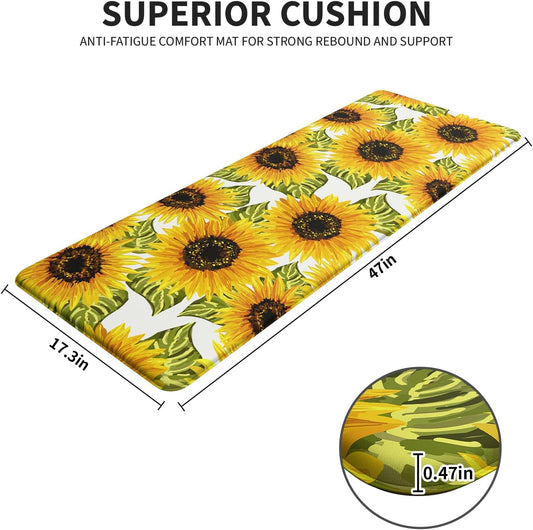 Sunflower Kitchen Mats for Floor - Anti Fatigue Mats for Kitchen Floor, Cushioned Non-Skid Washable Memory Foam Rug for Office, Sink, Laundry (17.3"×47"×0.47")