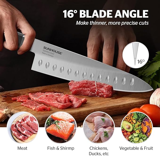 Sunhouse PREMIUM Chef Knife 7.9 inch, AUS-8 Stainless Steel – Superior 62HRC Hardness, Razor Sharp Blade, Full Tang, Ergonomic Handle, Perfect Gifts for Mom or Dad,Premium Gifts Box