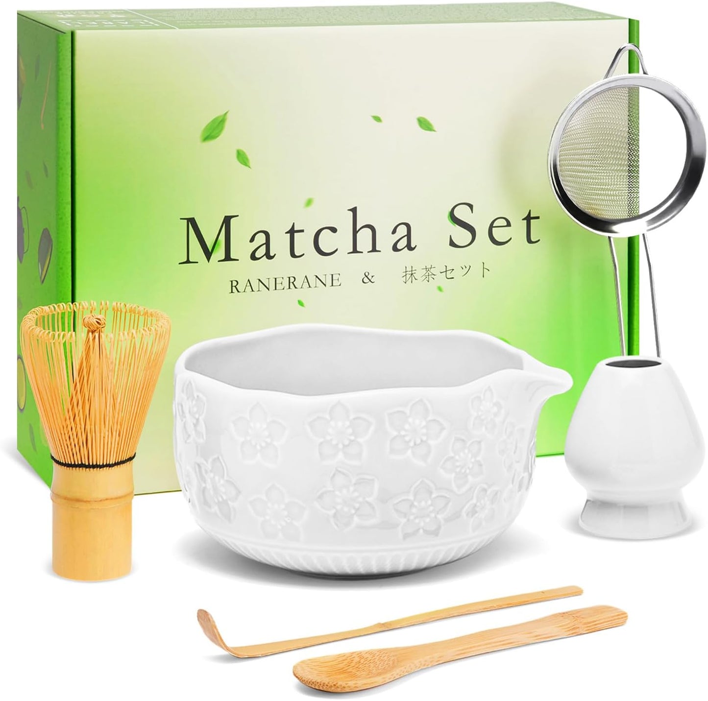 Matcha Whisk Set, Sakura White Ceramic Matcha Set Includes Matcha Bowl, Matcha Whisk (Chasen) and Holder, Sifter, Bamboo Scoop & Spoon - 6 Pcs Matcha Kit for Matcha Lovers