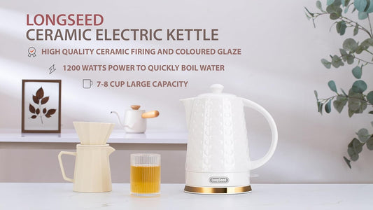Ceramic Electric Kettle, 1.5L/1200W Boil Water Quickly and Easily with Boil-Dry Protection Auto Shut Off, Detachable Swivel Base, White Relief Carving