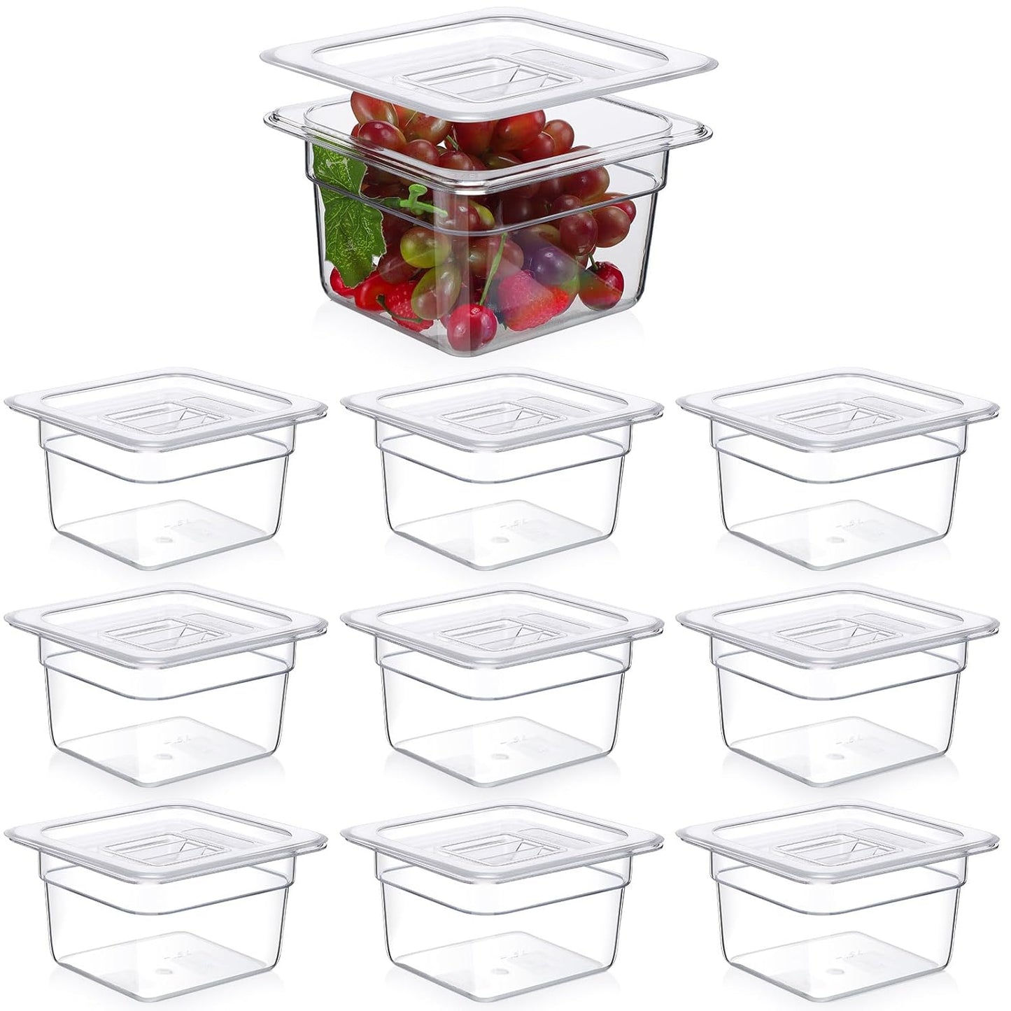 Sieral 10 Pcs 1/6 Size Food Containers with Lids - Clear Stackable Meal Prep Bins for Fridge Organization,Kitchen Storage,Bento,Baby Food,Microwave Safe (4 Inch,1.5 Quart)