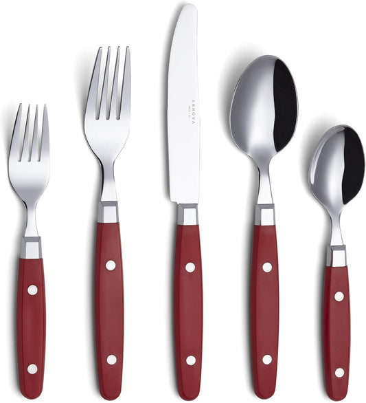 ANNOVA Silverware Set, Retro/Rivet Colorful Stainless Steel Tableware Kitchen Flatware Set Utensils, Includes Dinner Knives, Forks, Spoons, Salad Forks & Dessert Spoons (Red, 20 Pieces)