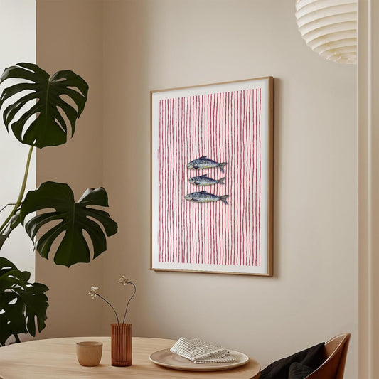 Kitchen Wall Art Farmhouse Kitchen Poster Fish Art Poster Striped Sardines Print Vibrant Red Stripes Ideal for Coastal Home Dining Room Cafe Coastal Nautical Modern Wall Decor 12x16 Inch UnFramed