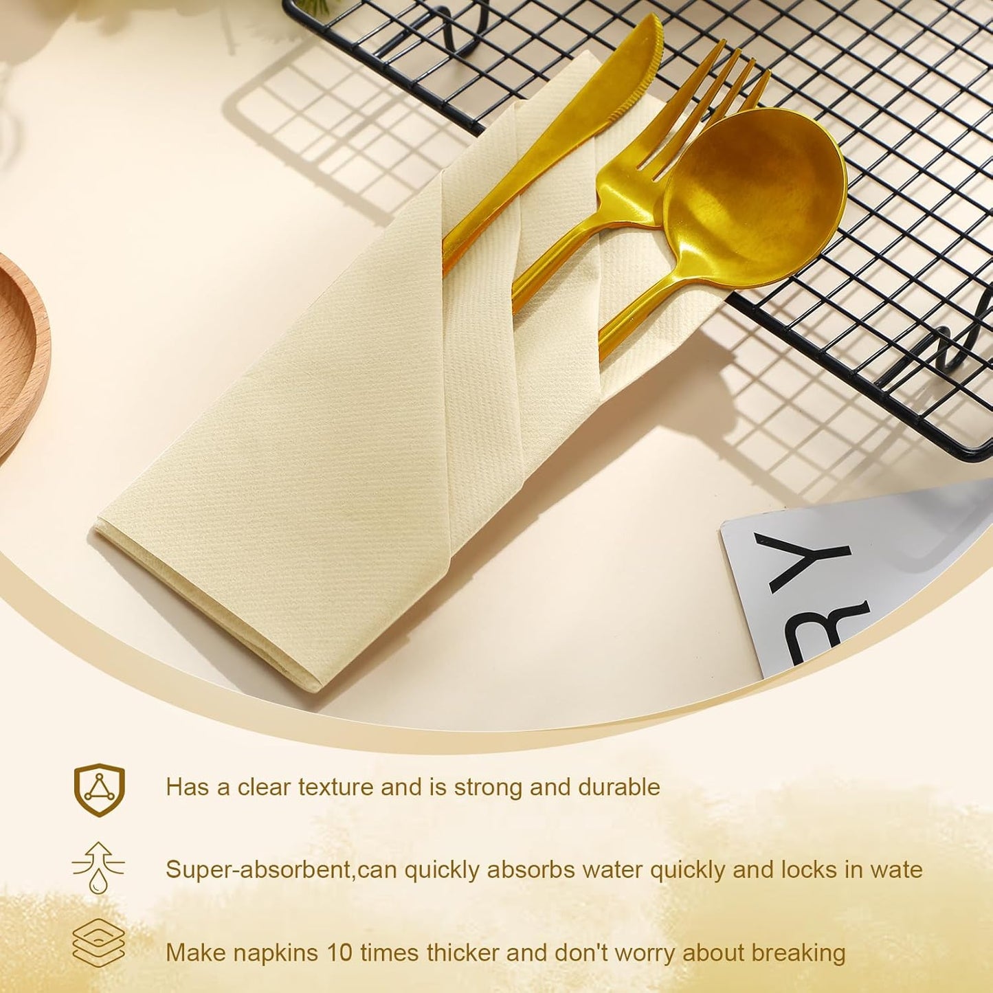 Qilery 50 Pcs Paper Linen Napkins Disposable Airlaid Paper Prefolded Dinner Napkins with Built in Flatware Pocket for Silverware Valentine Wedding Party Christmas Day (Champagne)