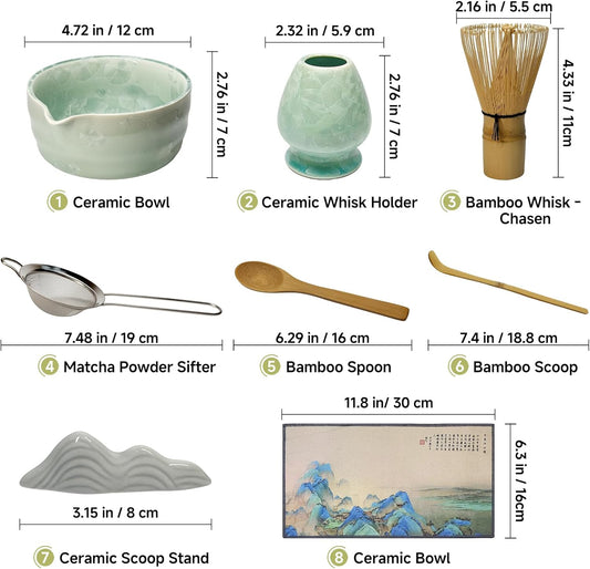 Matcha Whisk Set with Ceramic Bowl - Bamboo Whisk (Chasen), Scoop, Sifter & Holder - Complete Kit for Traditional Matcha Tea - Unique Gifts for Women, Men, Tea Lovers (Matcha Crystal)