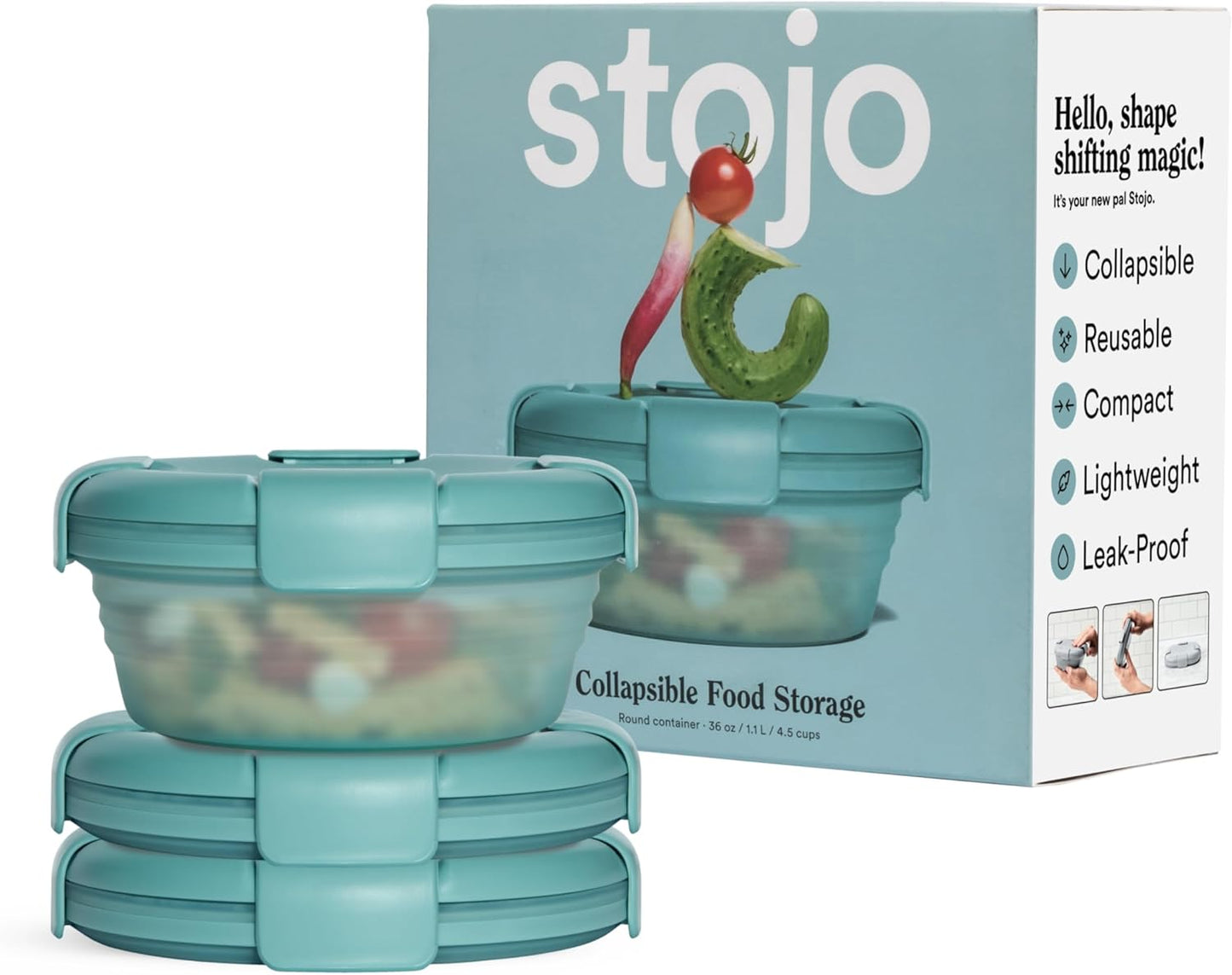 STOJO Collapsible Bowl 3 Set - Translucent Eucalyptus, 36oz - Reusable Silicone Bowl for Hot and Cold Food - Perfect for Travel, Meal Prep, To-Go Lunch, Camping & Hiking - Microwave & Dishwasher Safe