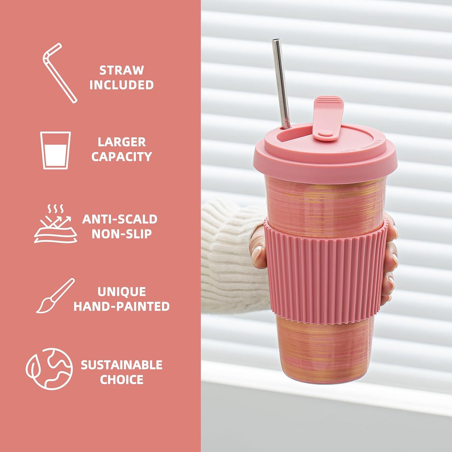 Travel Coffee Mug Pink, Ceramic Coffee Mug With Lid And Drinking Straw(15oz/450ml), Handcrafted Novelty Travel Mugs, Microwave & Dishwasher Safe Tumbler With Lid, Unique Gifts