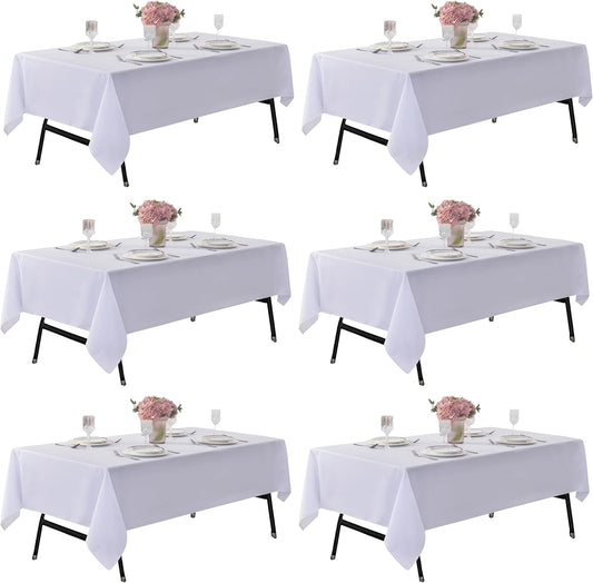 6-Pack 60x102 inch White Table Cloths, Solid Stain and Wrinkle Resistant Oblong Tablecloth, Premium Plain Weave Polyester Fabric Rectangle Table Linen Covers for Hotel, Wedding