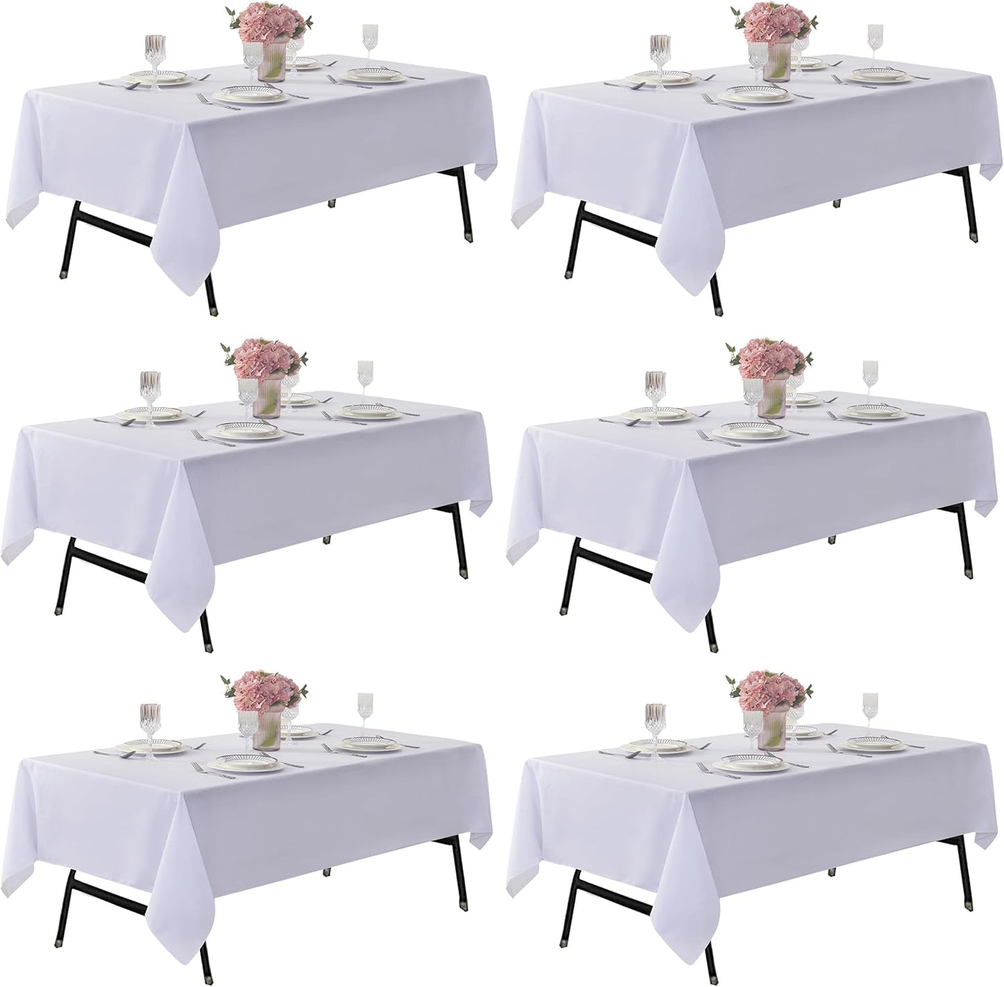 6-Pack 60x84 inch White Table Cloths, Solid Stain and Wrinkle Resistant Oblong Tablecloth, Premium Plain Weave Polyester Fabric Rectangle Table Linen Covers for Hotel, Banquet