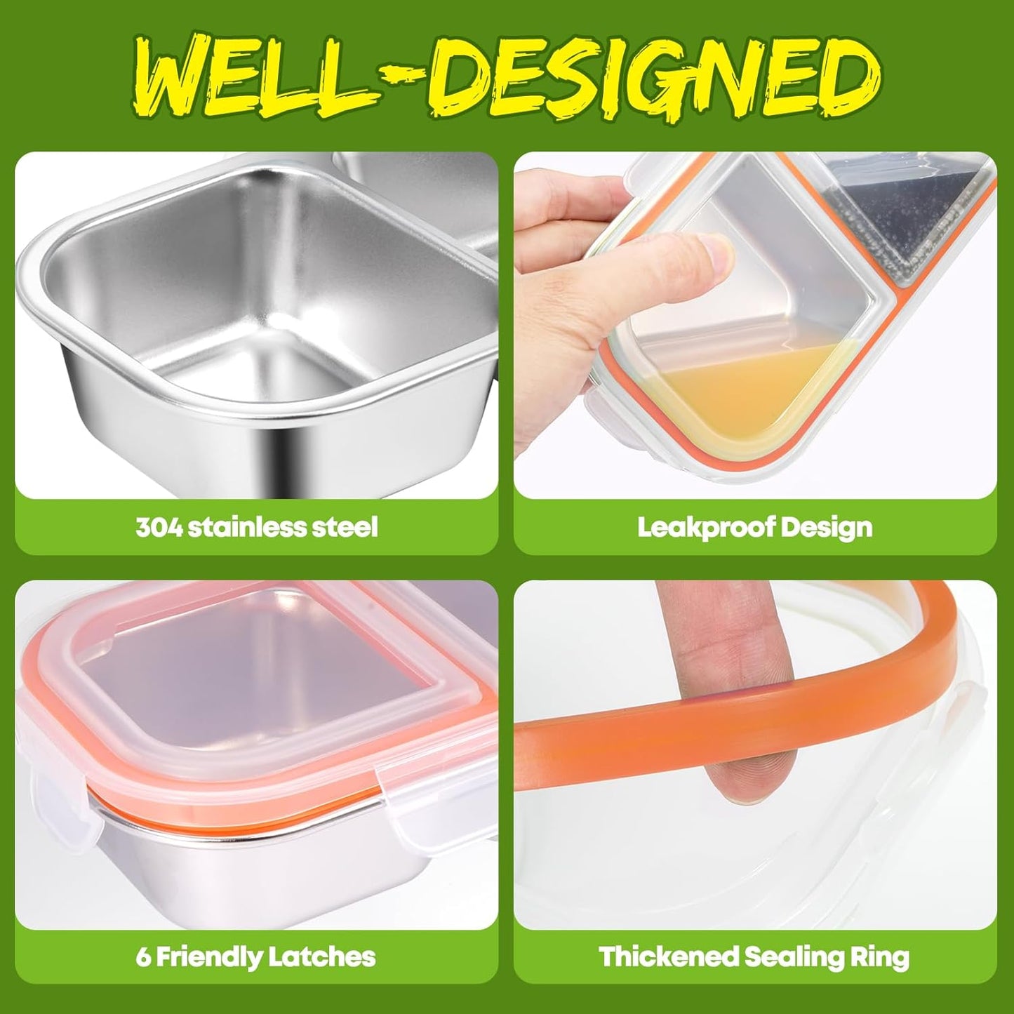 2 Pack Stainless Steel Snack Containers with Lids - Reusable 3 Compartment Snackle Box Container Divide Wet Dry Leakproof Metal Food Storage Containers for School, Home, Travel (Yellow + Orange)