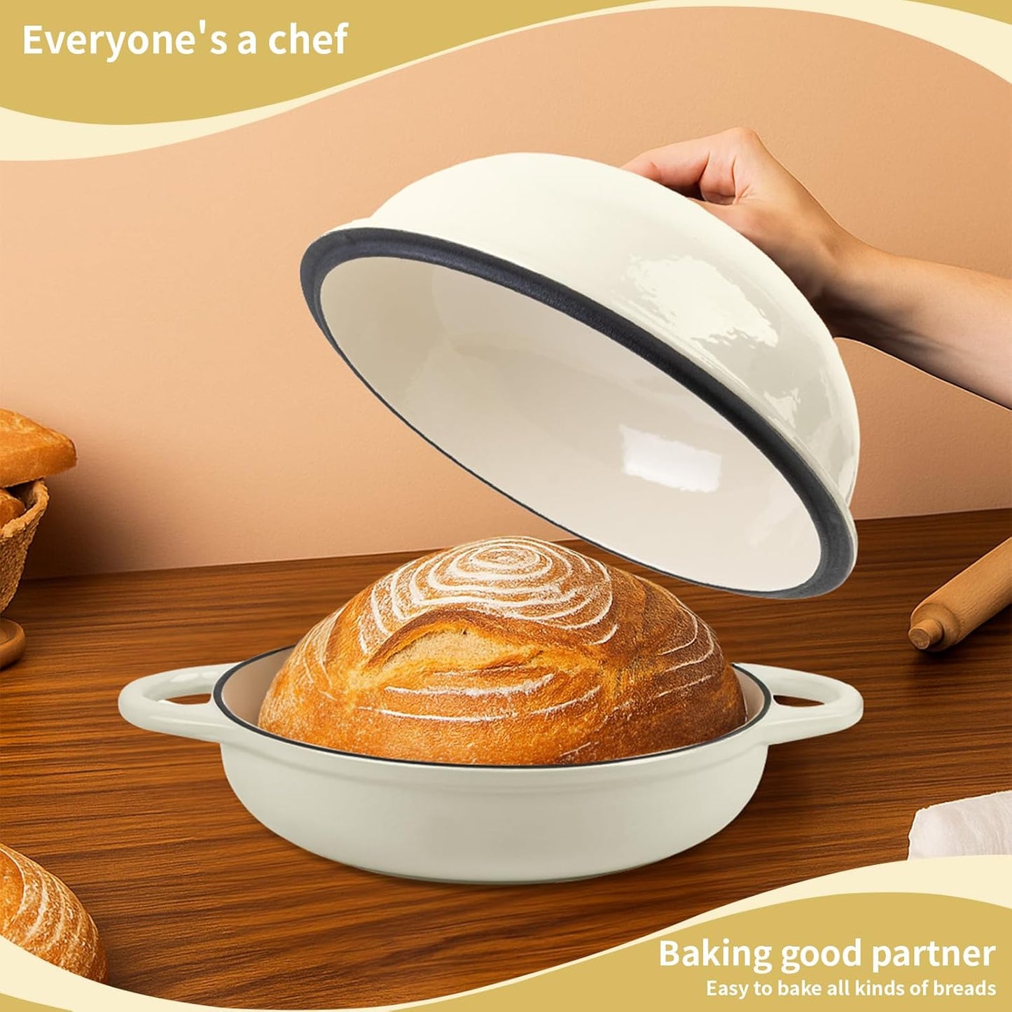 Dutch Oven for Bread Baking, 5.4 Quart Dutch Enameled Cast Iron Bread Oven, Dutch Oven for Sourdough Bread Baking, Oven Safe up to 500° F, 25 cm White