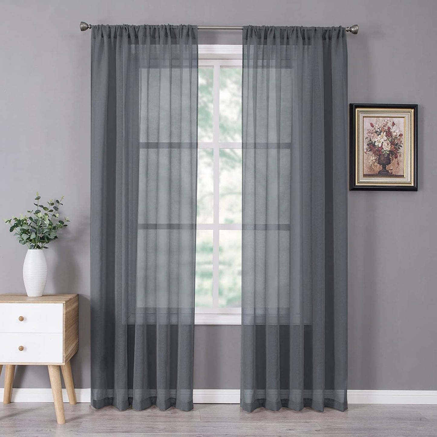 Tollpiz Sheer Curtains Linen Textured Bedroom Curtain Sheers Light Filtering Rod Pocket Voile Curtains for Living Room, 54 x 84 inches Long, Dark Grey, Set of 2 Panels