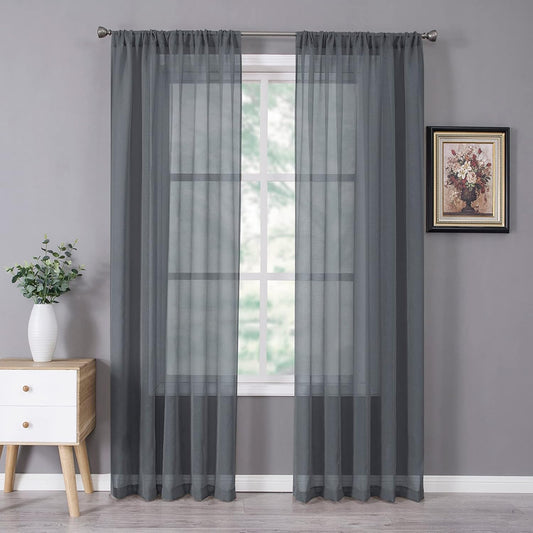 Tollpiz Sheer Curtains Linen Textured Bedroom Curtain Sheers Light Filtering Rod Pocket Voile Curtains for Living Room, 54 x 84 inches Long, Dark Grey, Set of 2 Panels