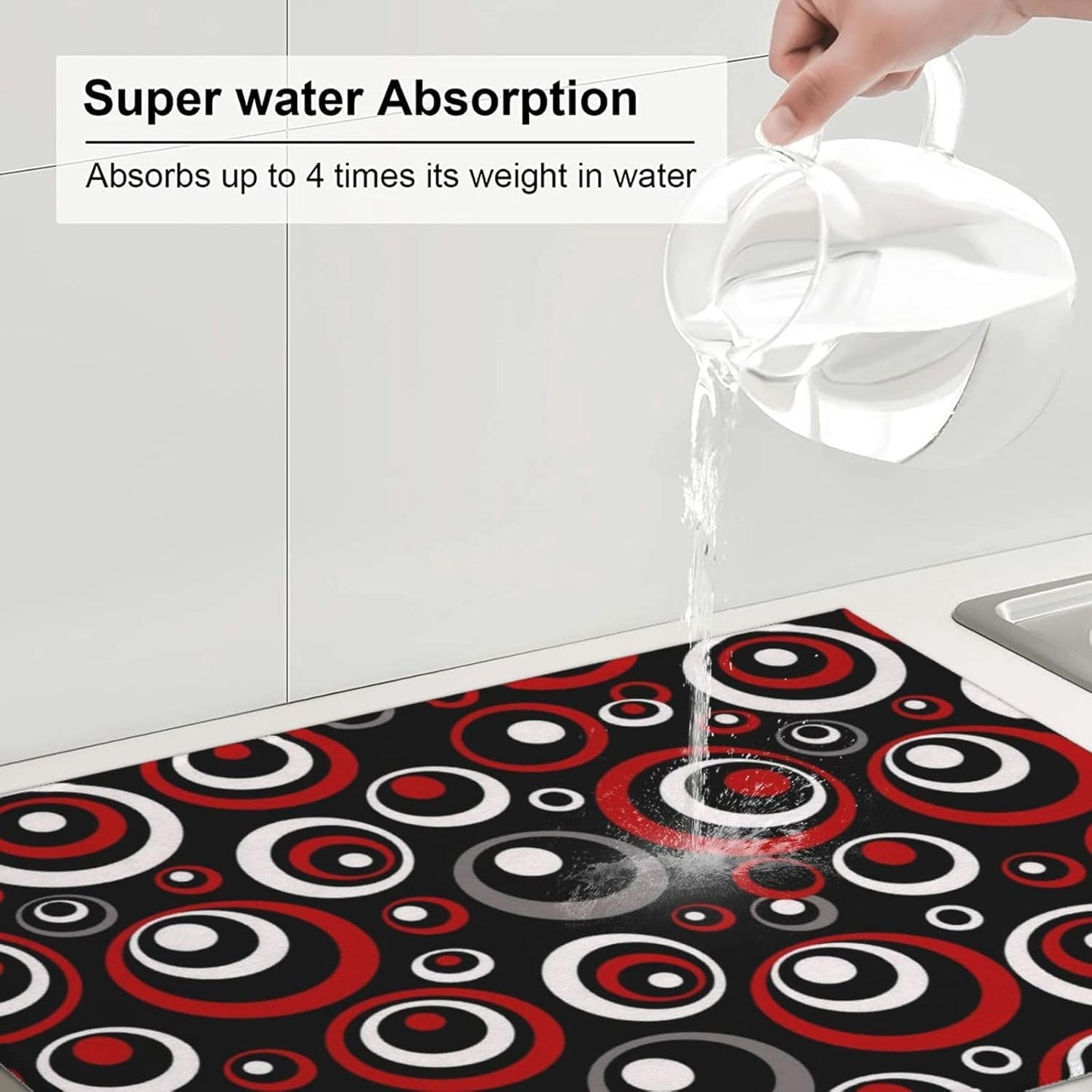 Red Black White Retro Geometric Circle Dish Drying Mats for Kitchen Counter & Sink, Modern Art Kitchen Drying Pad, 18" x 24" Absorbent Reversible Foldable Dish Drainer Rack Mats, Home Decor Black Red