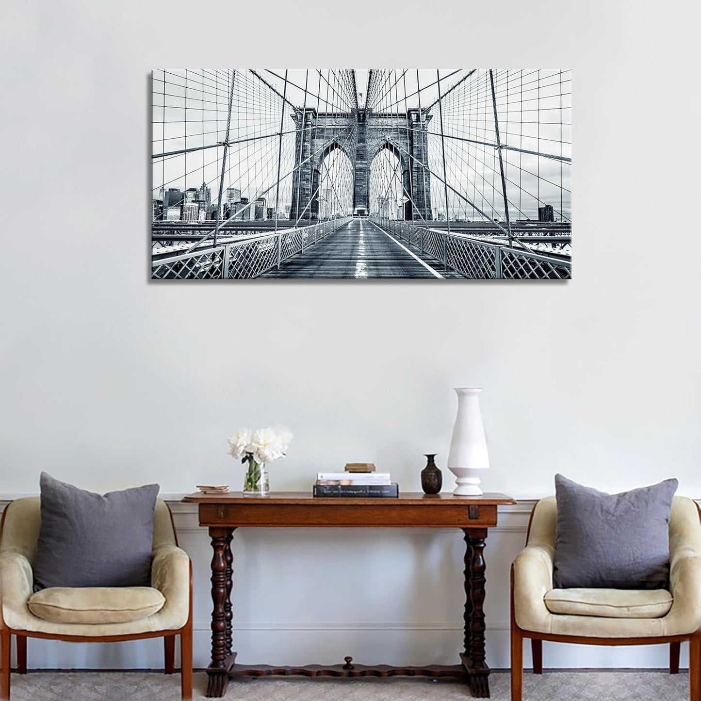 DZL Art Q70775 Black and White New York City Brooklyn Bridge Wall Art Painting Wall Art Canvas Prints Painting Picture Stretched and Framed For Living Room Decor Office Wall Decor Home Decoration