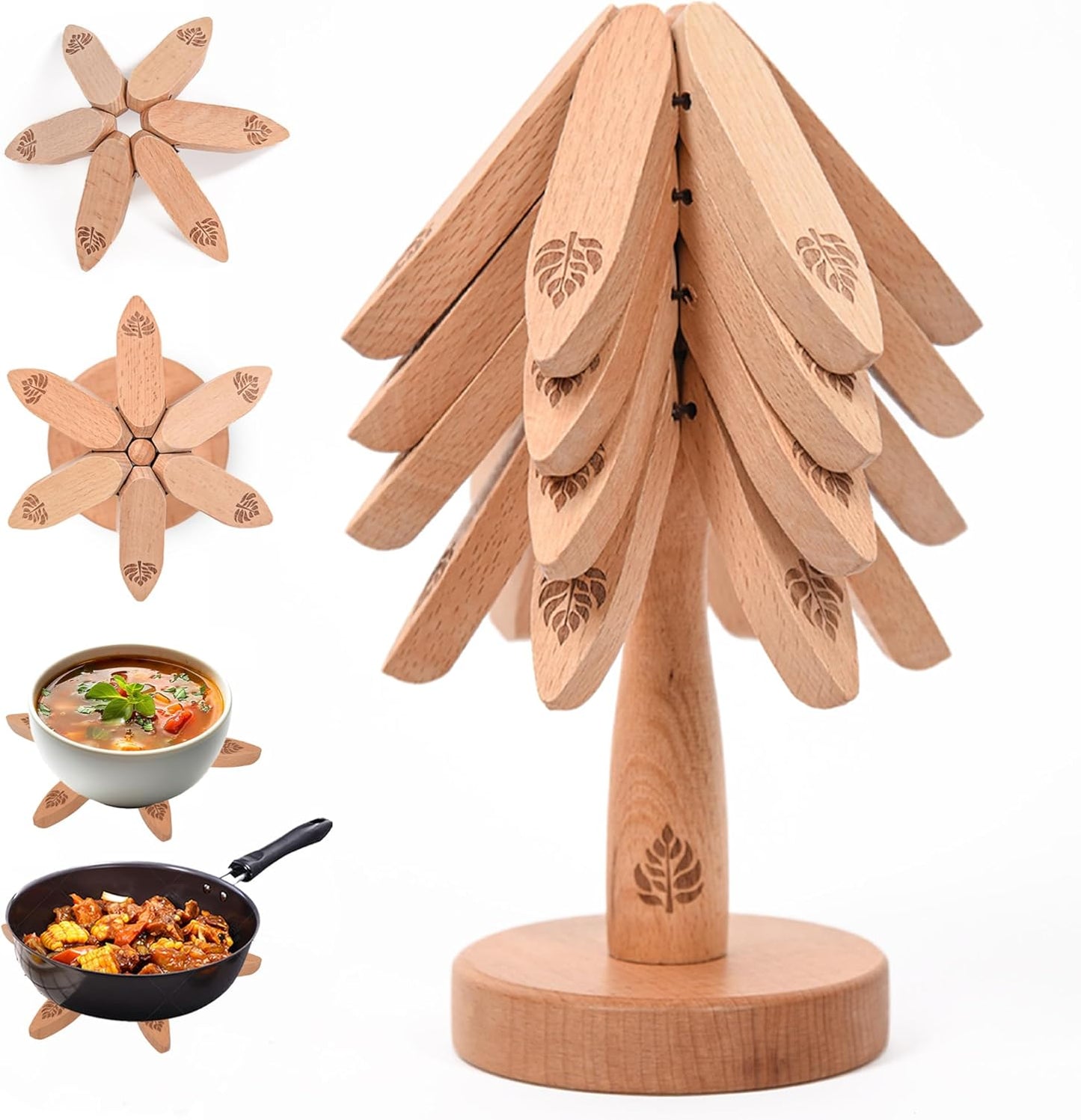 Expandable Wooden Trivets & Coaster Set for Hot Dishes Tree-Shaped Trivet Set – 4 Expanding Trivets + 1 Stand – Heat-Resistant Kitchen Decor for Pots, Bowls, Coffee & Teapots (Beech Wood)