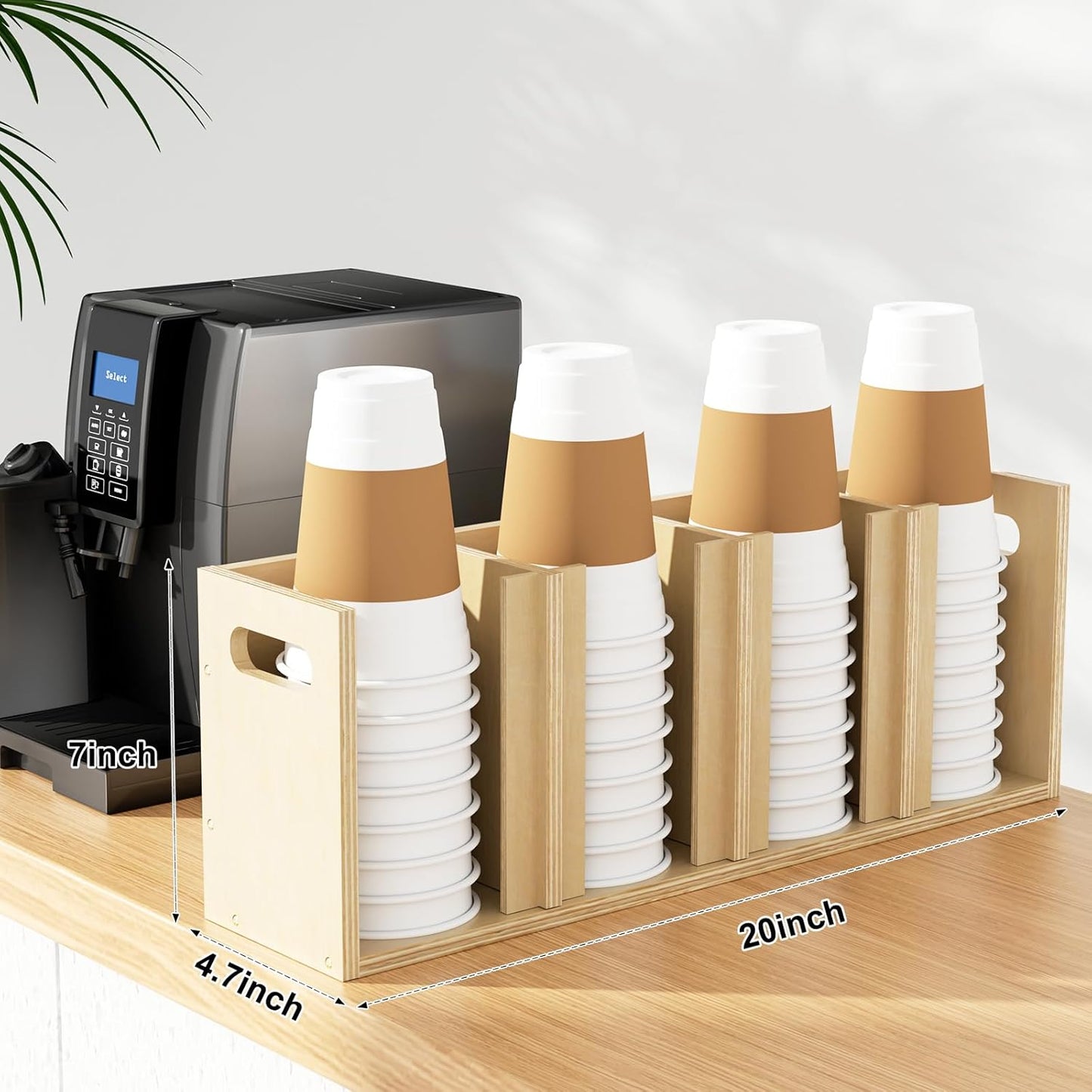 Wood Cup Lid Organizer 4 Compartments with Adjustable Dividers for Counter Wall Mount Disposable Cup and Lid Storage Kitchen Restaurants Fast Food Coffee Shop Supplies (20”W x 7”H x 4.7”D)