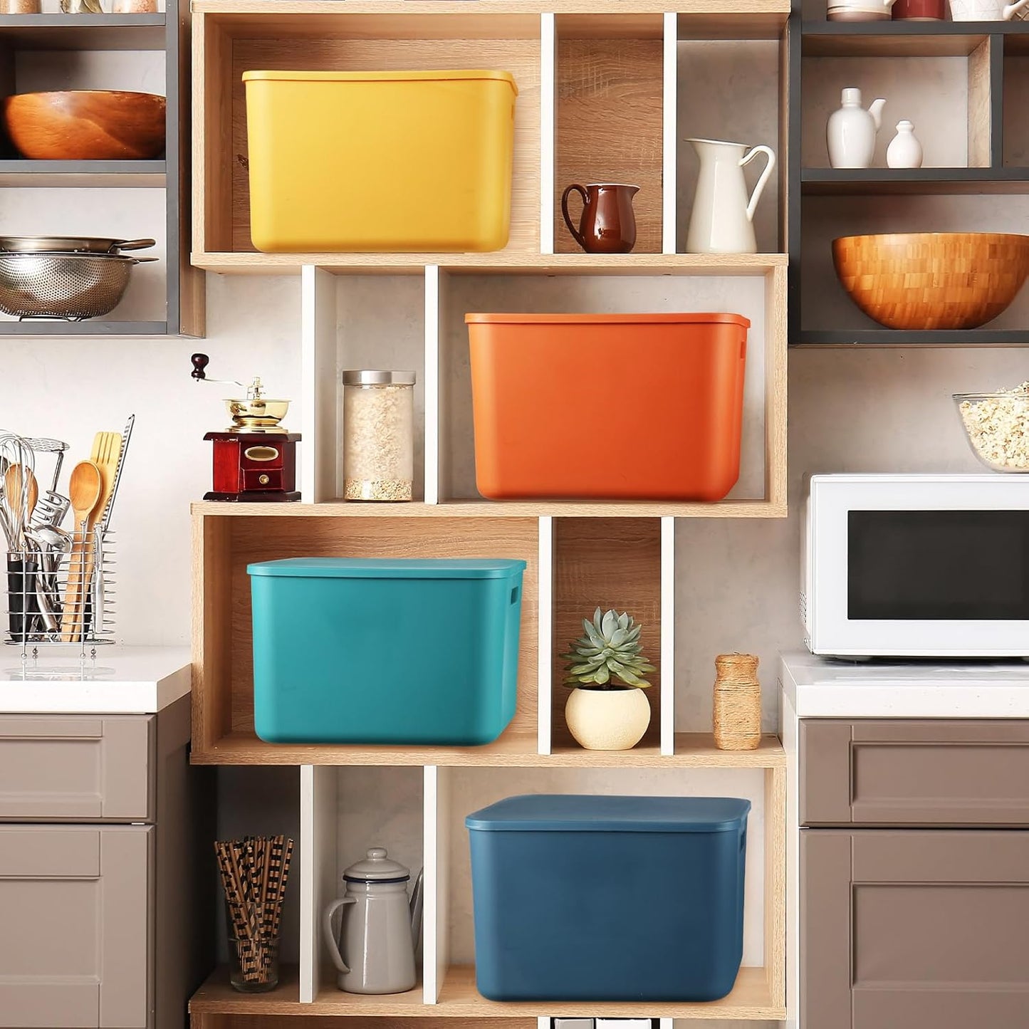 Hoolerry 8 Pieces Colorful Storage Bins with Lid, Plastic Storage Basket Organizing Container Stackable Box with Handle for Shelves Desktop Playroom Office(14.2 x 10.2 x 9.5 Inch,Multi-colored)