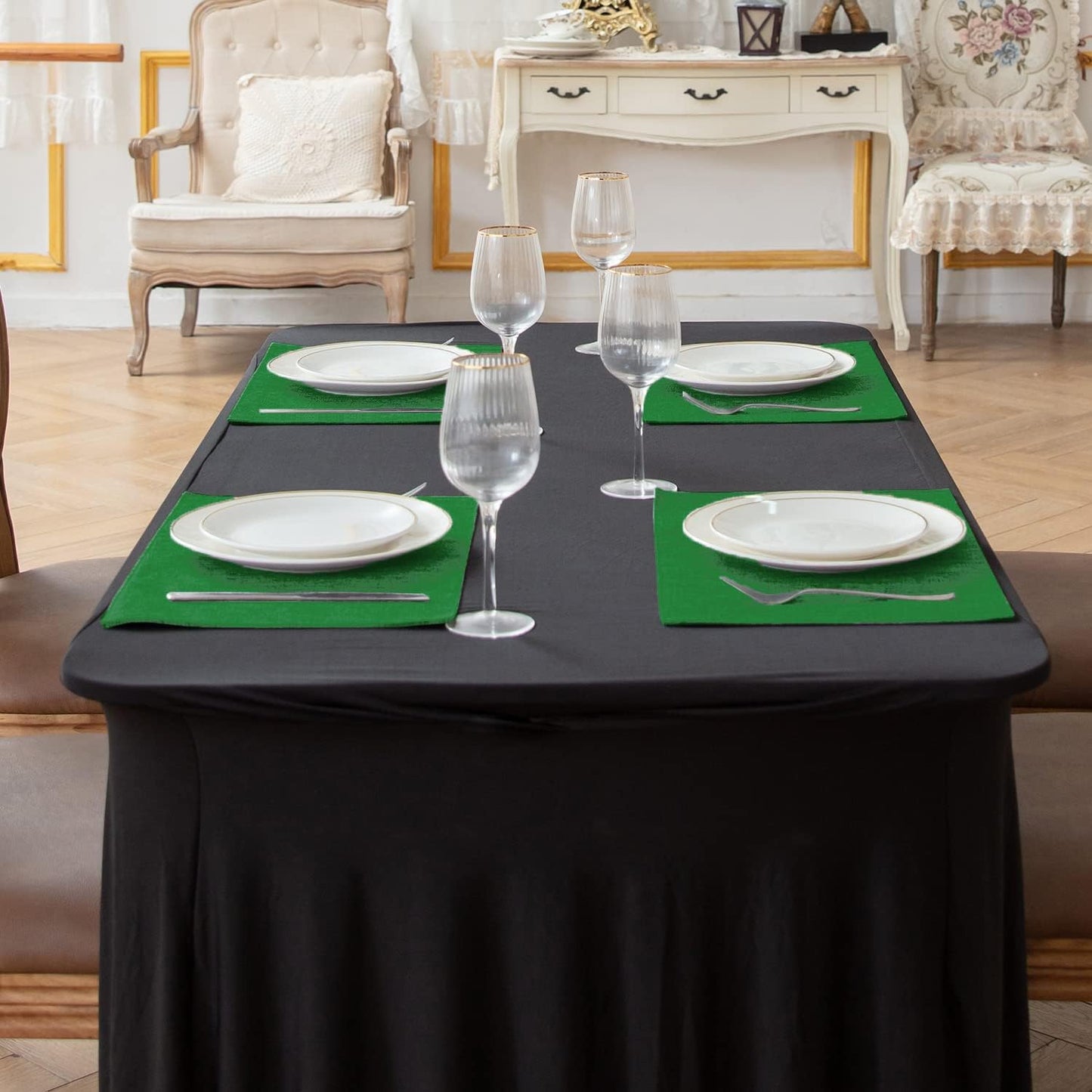 Cloth Green Placemats Set of 8, Linen Type Fabric Placemats Machine Washable Heat Resistant Placemats Polyester Place Mats for Halloween, Thanksgiving and Christmas Dining Table (Forest Green)