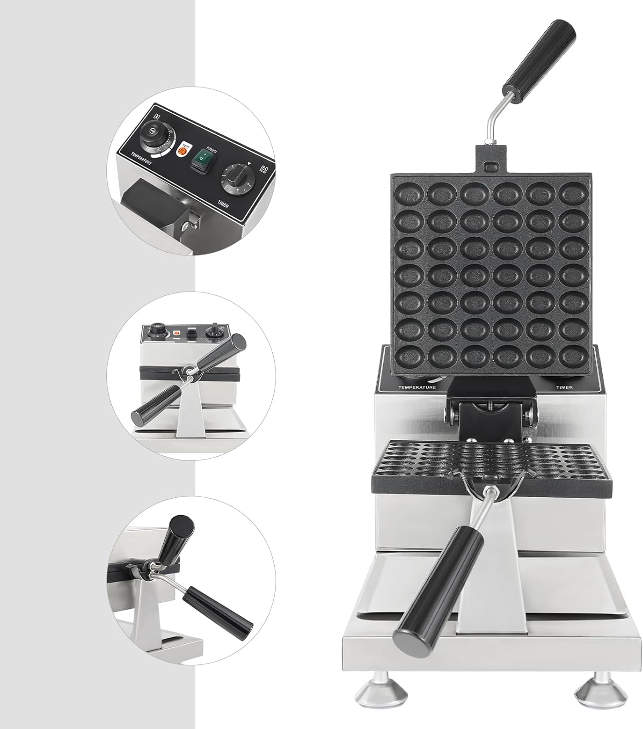 1200W Commercial Mini Pancake Maker, 42 Grids Electric Waffle Maker Non-Stick Stainless Steel Belgian Waffle Iron w/Time & Temper Adjustable|180° Rotating, Large Waffle Machine for Restaurant