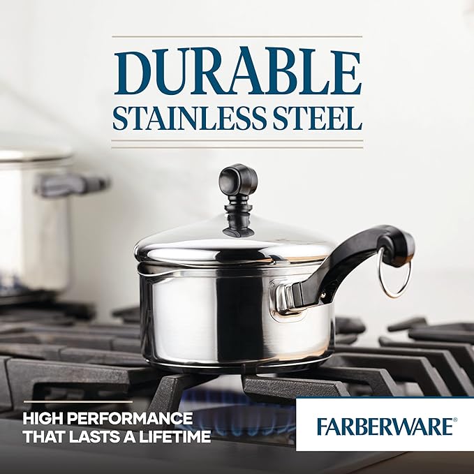Farberware Classic Stainless Steel 1-Quart Covered Straining Saucepan, Silver