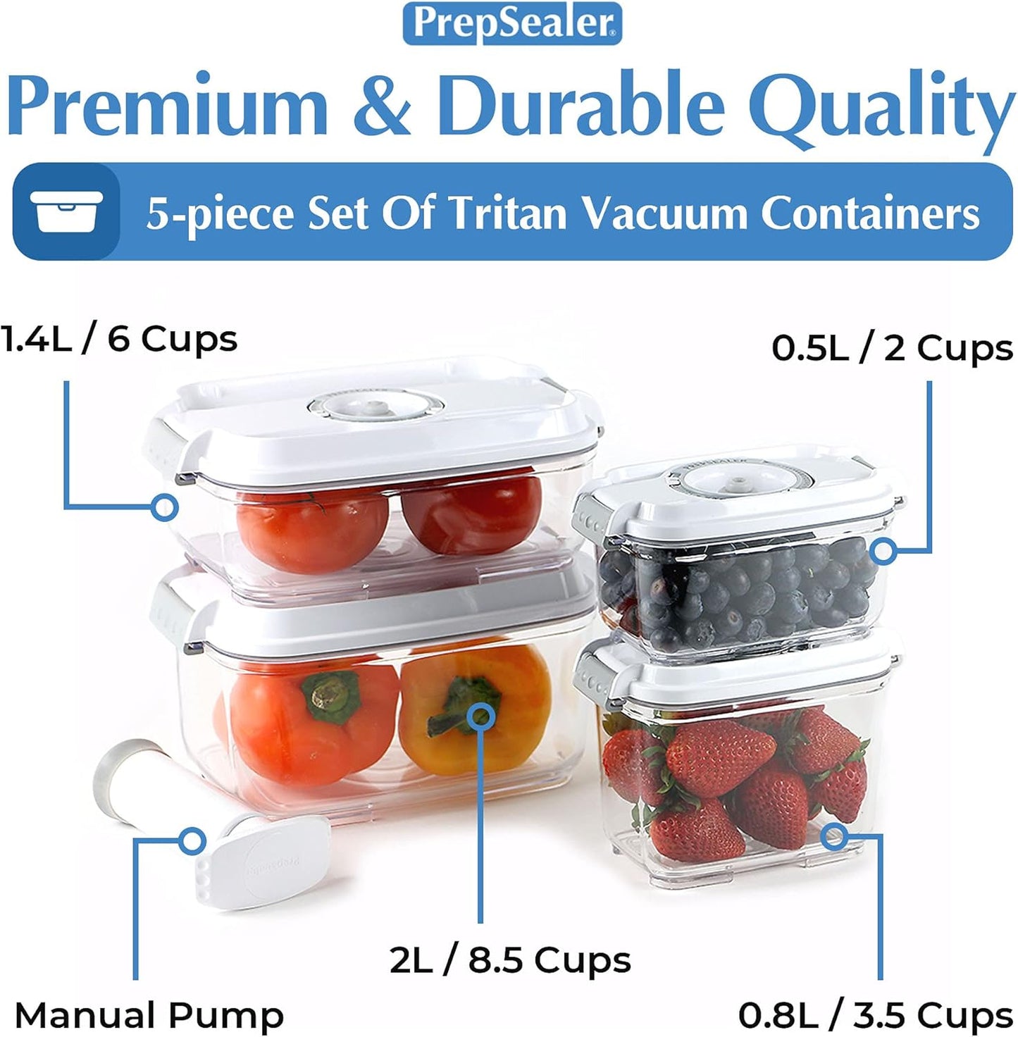PrepSealer Food Storage Vacuum Container 4-piece Container with Maunal Pump, BPA free, Tritan, Keep food and ingredients fresh up to four times longer than conventioal storeage.