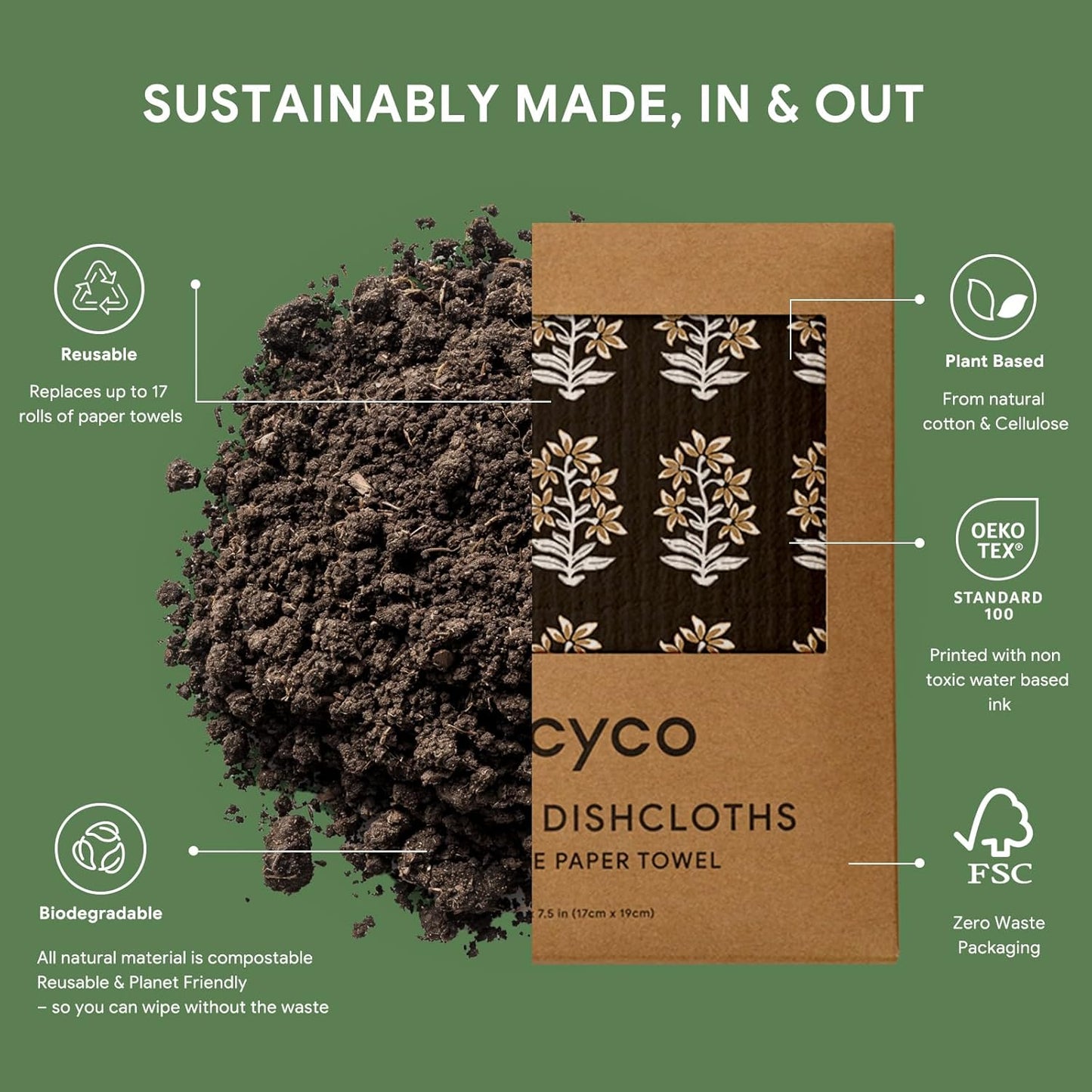 RECYCO Swedish Dishcloths for Kitchen | 6 Pack Heritage Florals Neutral Washable Dish Rags | Cellulose Reusable Cleaning Paper Towels | Absorbent Counter Dish Cloth Sponge Kitchen Wipes, 8" L x 7" W