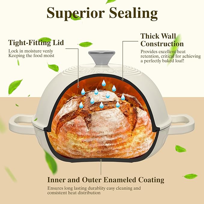 Enameled Round Cast Iron Bread Oven, 6 Qt Cast Iron Dutch Oven for Homemade Sourdough Bread Baking, Bread Pot with Dome Lid & Cotton Potholders (Cream White)