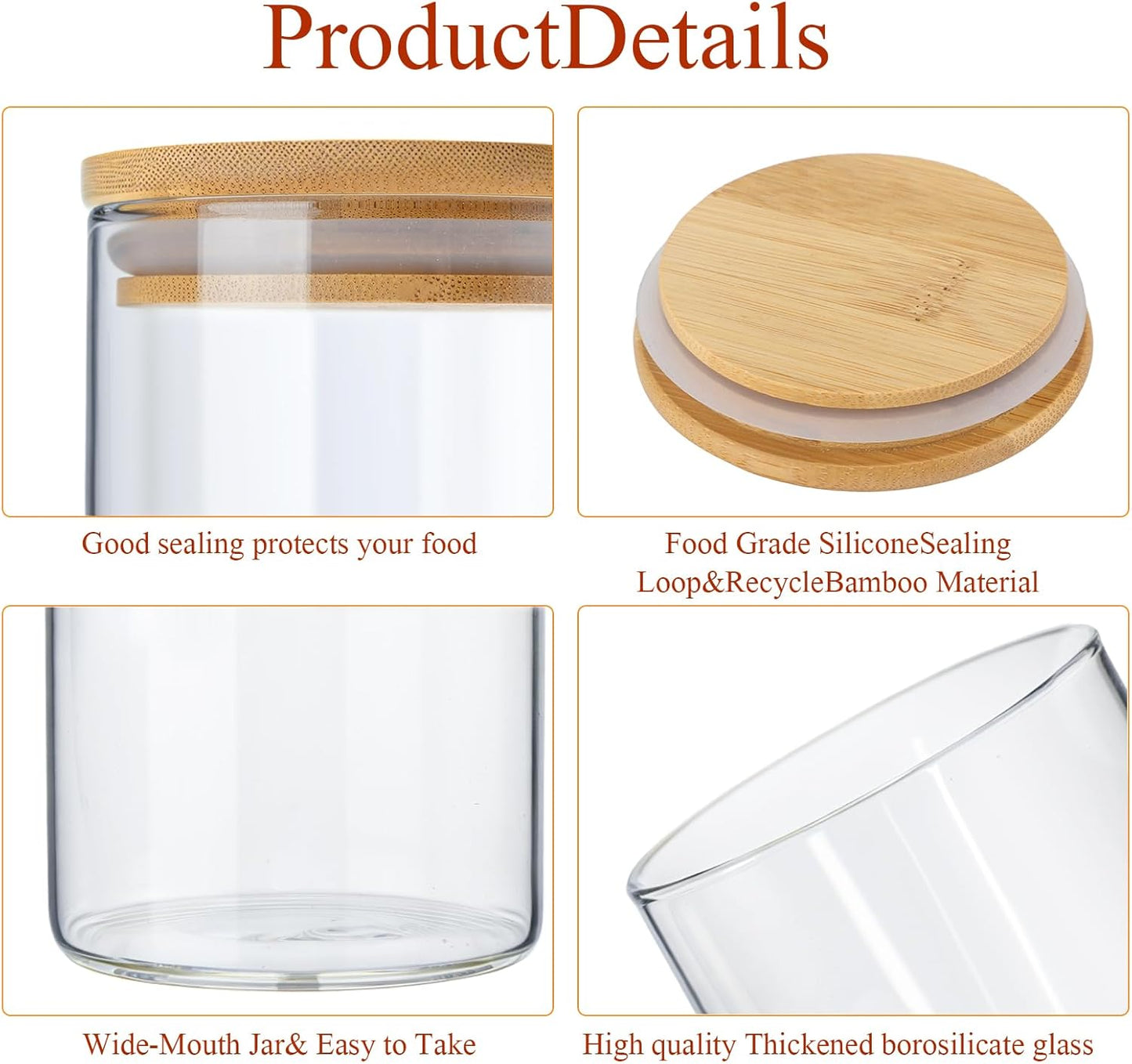 24 Pcs Glass Storage Jars with Wooden Lids, 4 Sizes Food Storage Containers Clear Stackable Canisters Airtight Glass Jars for Candy Cookie (Clear,Light Brown,4''x4'',6'',7.9'',9.8'')