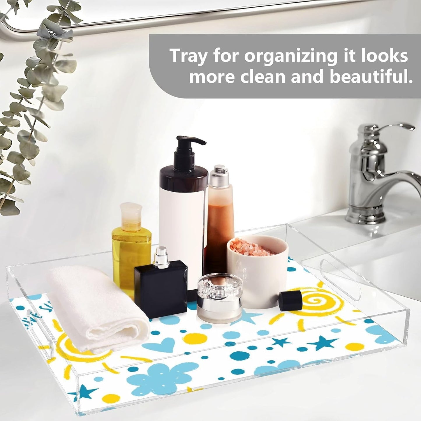Acrylic Serving Tray with Handles Spill Proof Kitchen Storage Tray Clear Decorative Tray Makeup Drawer Organizer Storage Tray for Bathroom Living Room Ottoman 15.7x11.8Inches