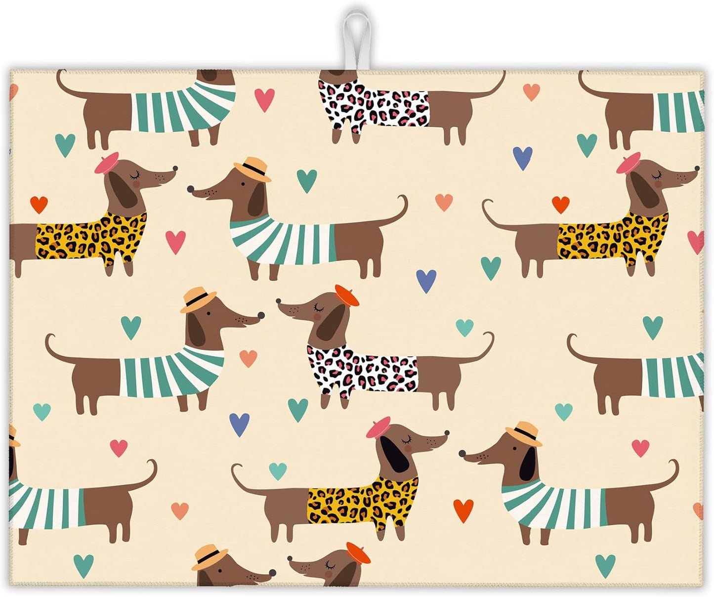 Dachshunds Dogs Dish Drying Mats 18x24 Inch,Leopard Print Hearts Dish Pad Drying Rack Mat for Kitchen Counter Ultra Absorbent Microfiber Dishware Coffee Maker Bar Countertop Decor