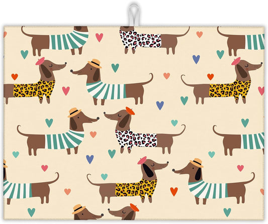 Dachshunds Dogs Dish Drying Mats 18x24 Inch,Leopard Print Hearts Dish Pad Drying Rack Mat for Kitchen Counter Ultra Absorbent Microfiber Dishware Coffee Maker Bar Countertop Decor