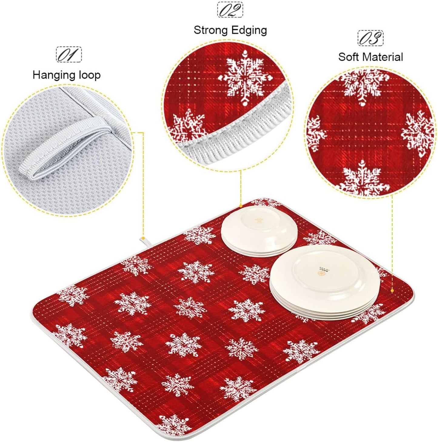 White Snowflake Pattern on Red Dish Drying Mat Super Absorbent Drying Mat 18x24 inch Large Dish Drying Mats for Kitchen Counter Dish Drying Pads Kitchen Drying Matt for Countertop
