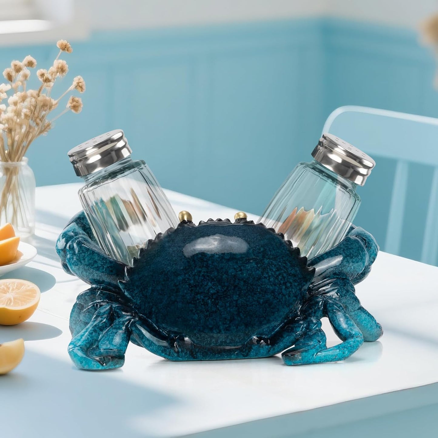 Decorative Blue Crab Salt and Pepper Shaker Holder, Coastal Kitchen Decor (Crab)