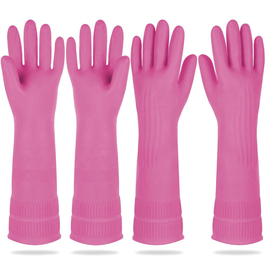 Mamison 2 Pairs Reusable Waterproof Household Dishwashing Cleaning Rubber Gloves, Non-Slip Kitchen Glove (Pink, Large (Pack of 2))