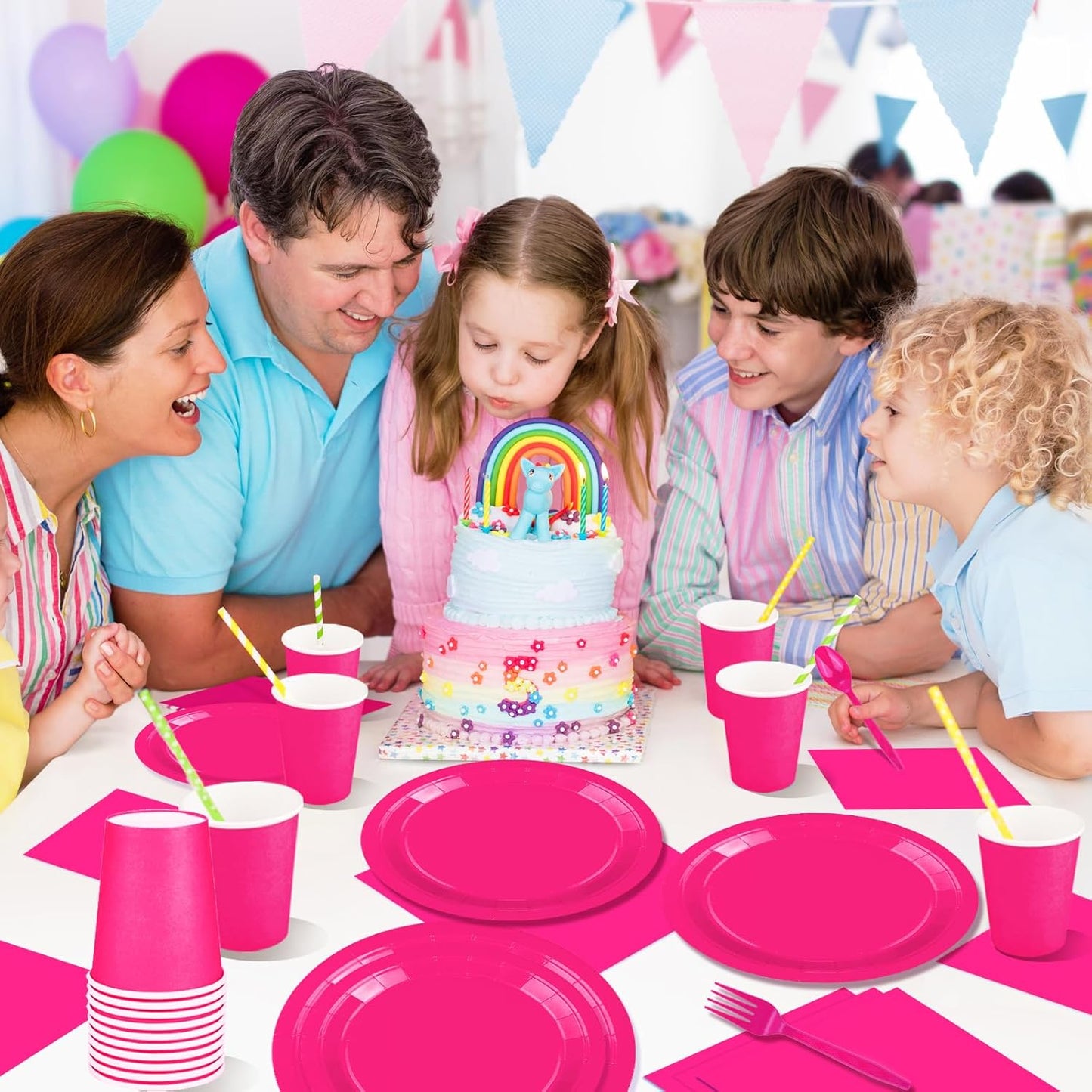 TWOWYHI 228PCS Hot Pink Party Supplies Set Include Paper Plates Cups Hot Pink Napkins Plastic Spoons Forks Knives for 30Guests Disposable Party Dinnerware Sets for Birthday Wedding Family Picnic