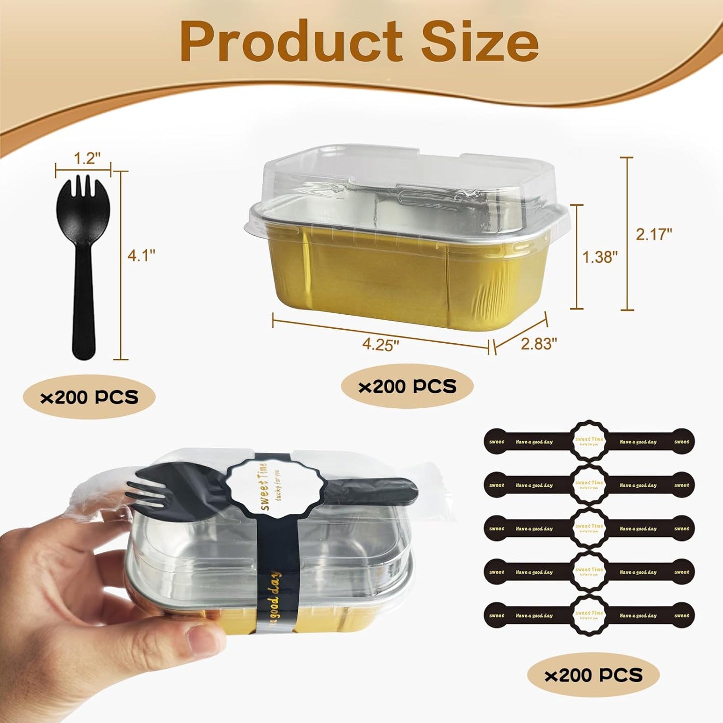 Mini Cake Pans With Lids And Spoons,5.5 oz Rectangle Mini individual Loaf Pans Disposable Aluminum Foil Small Baking Cups Tins (200, Gold)
