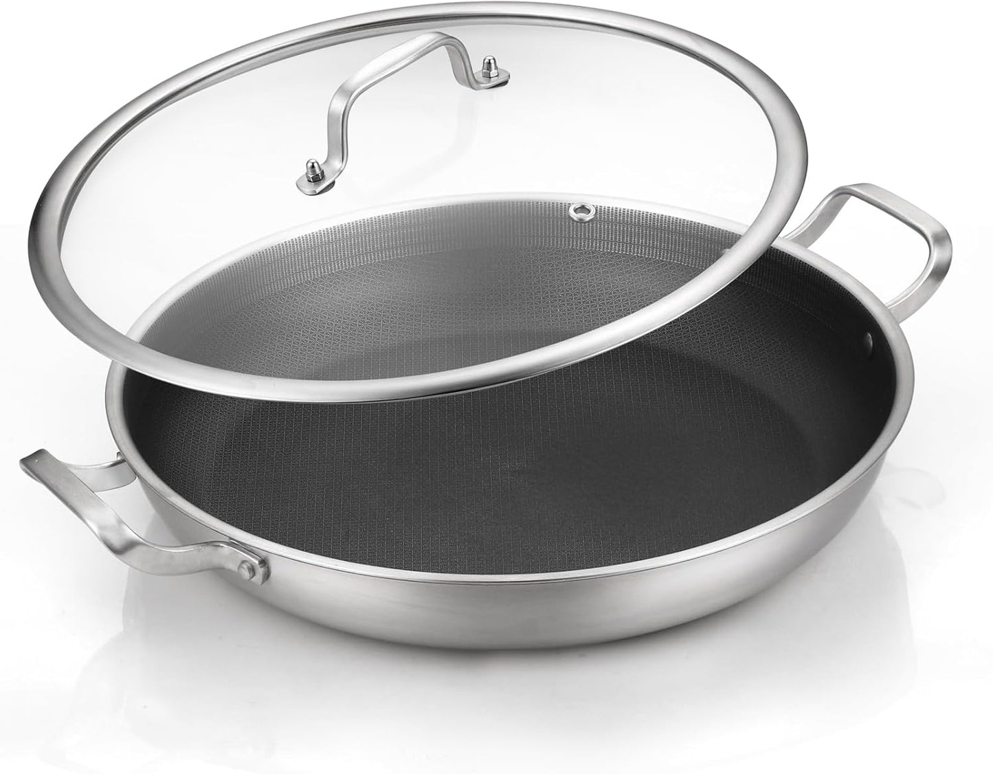 DELARLO 13 Inch Tri-Ply Stainless Steel Paella Pan with Lid Nonstick Frying Pan, Hybird Induction Large Skillets,Great for Paella Parties Indoors Outdoors,Heavy Duty Style