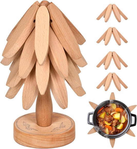 Trivets for Hot Dishes，Tree Shape Trivet Set,5 Wooden Trivets + 1 Stand， Heat-Resistant Foldable Wooden Tree Trivet Set for Pot、Bowl、Teapot、Hot Pot Holder