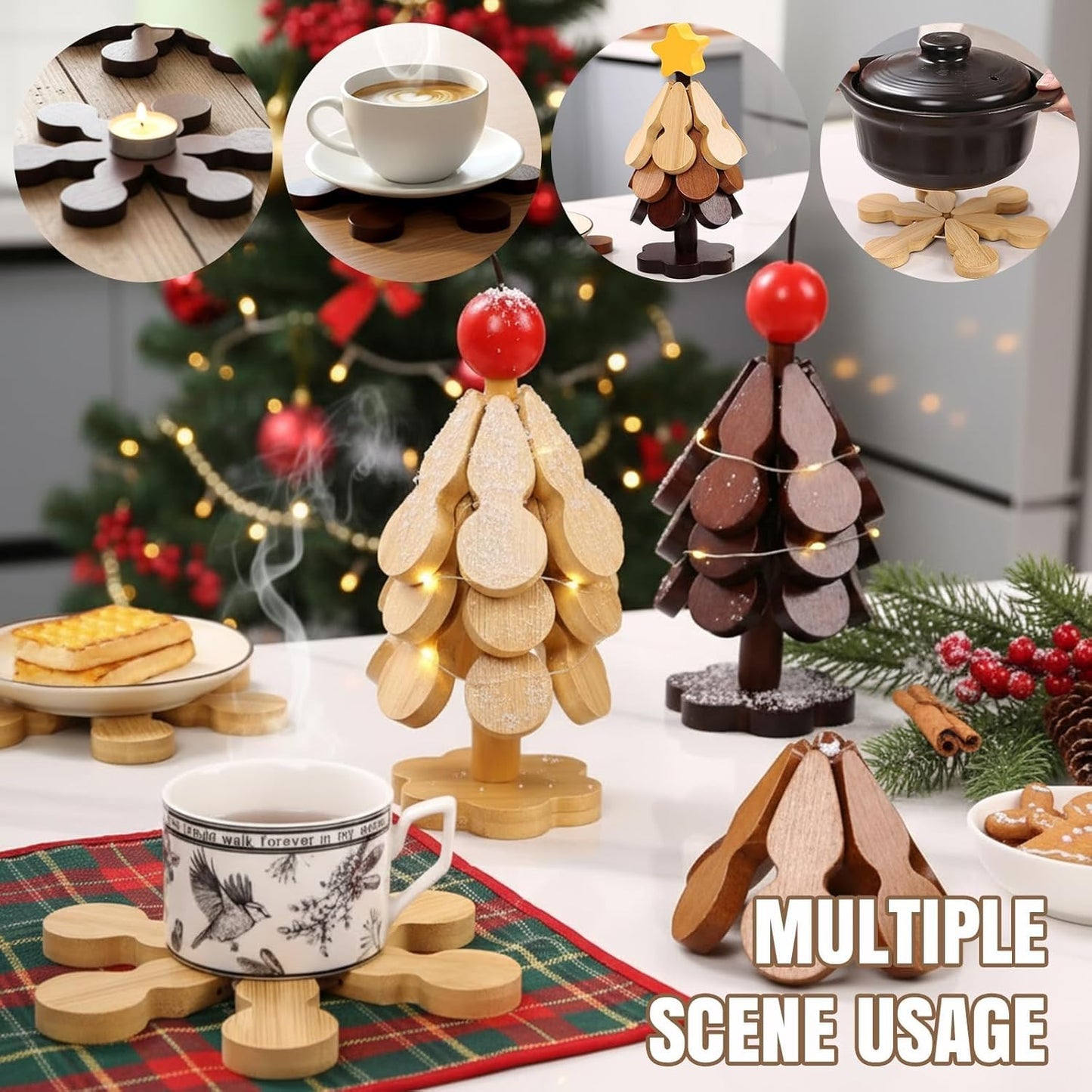 Natural Wood Tree Trivet Set, 2026 New Foldable Wooden Trivets with 3 Trivets & 1 Stand, Kitchen Wooden Tree Shape Trivet Set for Hot Dishes, Pot, Bowl, Teapot, Hot Pot Holders (A)