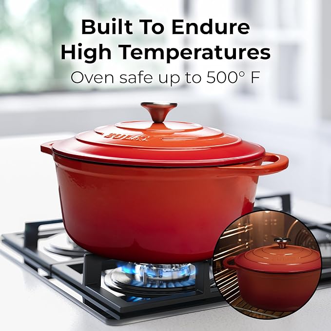 Zulay Kitchen 5 Quart Enameled Cast Iron Dutch Oven Pot with Lid – Premium Durability & Oven Safe up to 500°F – Heavy Duty Cookware Perfect for Bread Baking, Stews, Braising & Roasting – Orange