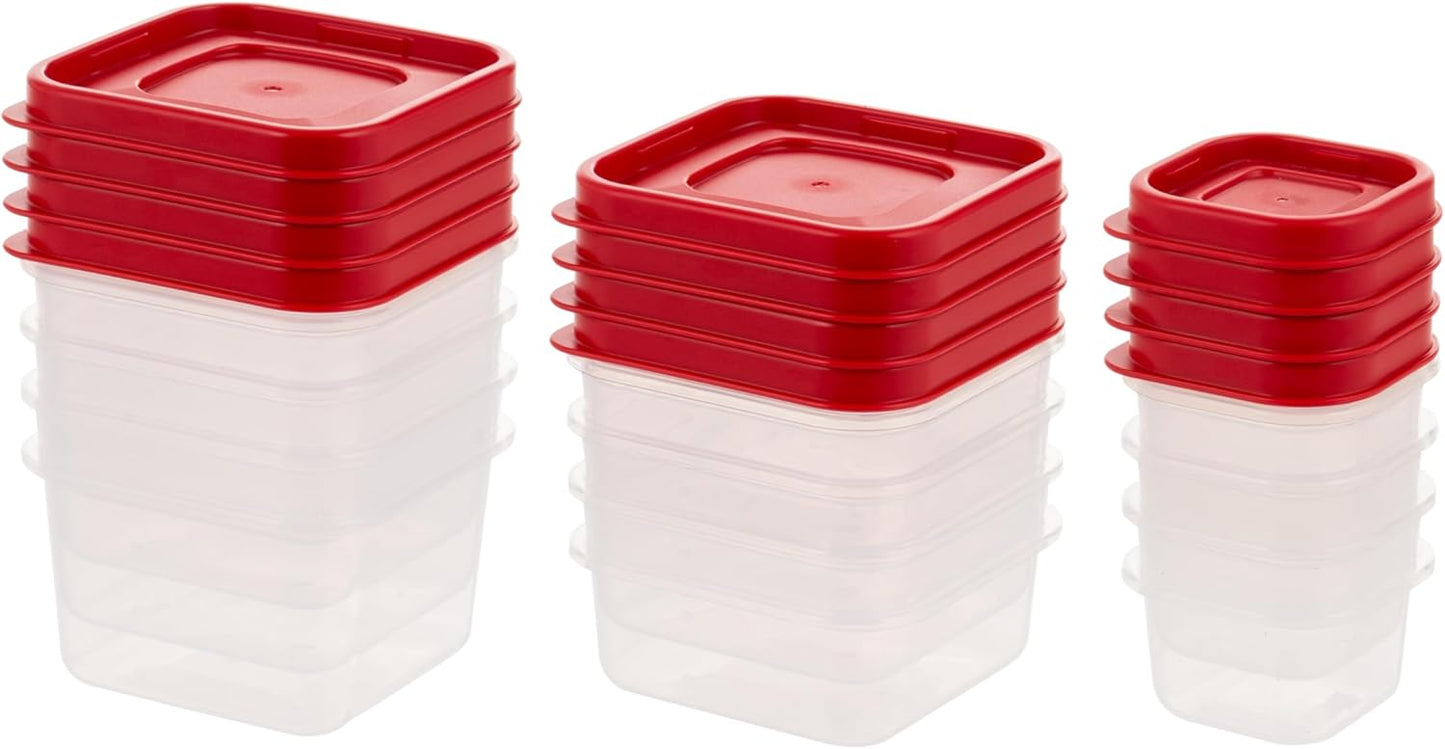 IRIS USA Plastic Food Storage Containers, 24 PC, 12/8/3 Oz Combo Set, 12 Small Containers With Lids, For Sides Snack Fruit Dips Condiments, Microwave Dishwasher Freezer Safe, BPA Free, Clear/Red