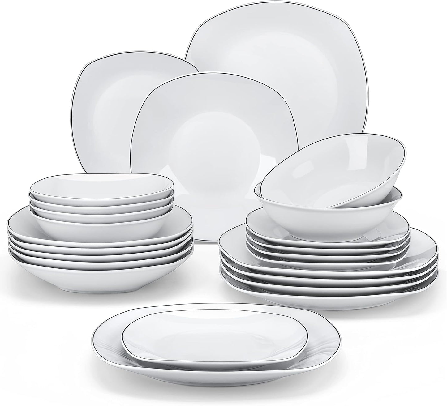 MALACASA Dinnerware Sets, 24 Piece Porcelain Square Dishes, White with Black Rim Plates and Bowls Sets, Ceramic Dish Set for 6, Chip Resistant Dishware Sets, Series ELISA