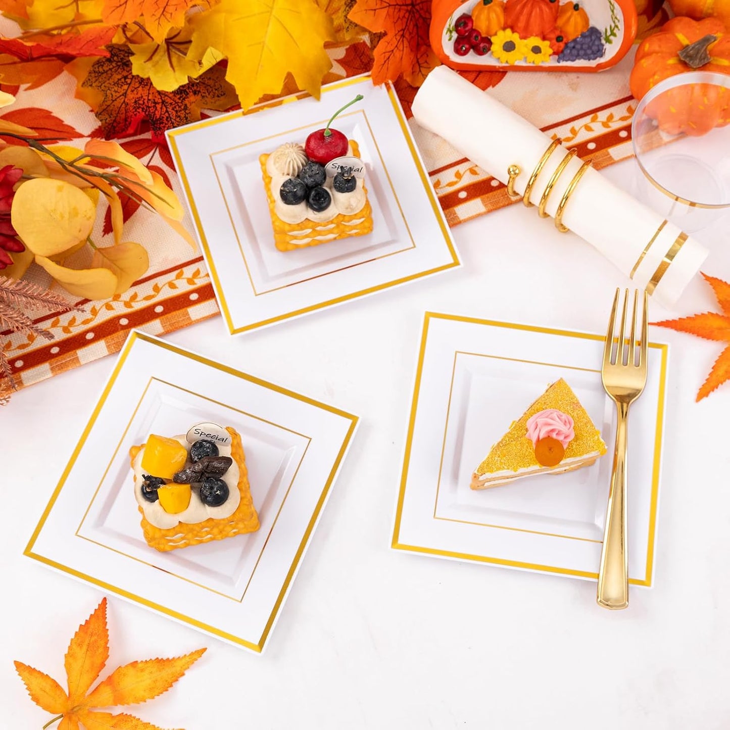 Festiva 350Pcs Gold Plastic Plates - Disposable Square Gold Plates Dinnerware set include 9.5"/6" Plates,Cups,Plastic Cutlery,Hand Napkins Perfect for 50 guests Party&Wedding&Thanksgiving&Christmas